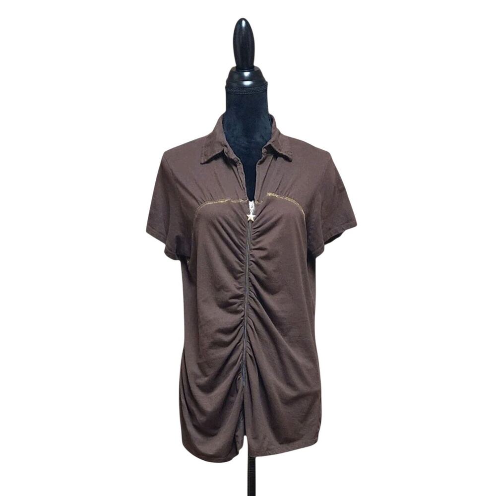 Illusion Ruched Womens Size 2X Vintage 90s Y2K Star Full-Zip Brown Collared Top